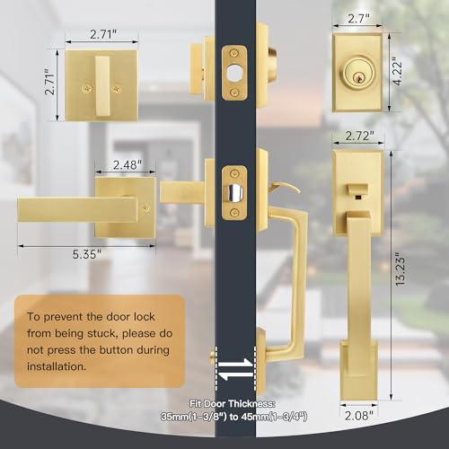 Gaurqiah Double Front Door Lock Set, Square Heavy Duty Double Door Handle with Dummy, Entry Handleset with Deadbolt Combo, Double Door Lock Set for Front or Office Doors, Satin Brass - Image 2