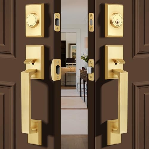 Gaurqiah Double Front Door Lock Set, Square Heavy Duty Double Door Handle with Dummy, Entry Handleset with Deadbolt Combo, Double Door Lock Set for Front or Office Doors, Satin Brass - Image 1