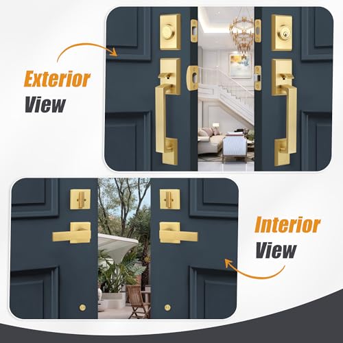 Gaurqiah Double Front Door Lock Set, Square Heavy Duty Double Door Handle with Dummy, Entry Handleset with Deadbolt Combo, Double Door Lock Set for Front or Office Doors, Satin Brass - Image 5