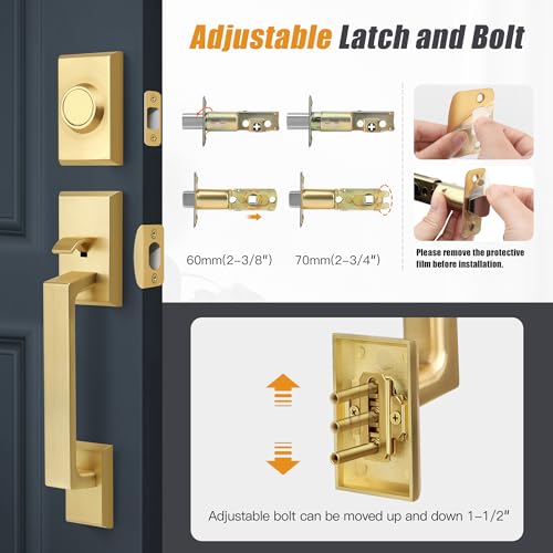Gaurqiah Double Front Door Lock Set, Square Heavy Duty Double Door Handle with Dummy, Entry Handleset with Deadbolt Combo, Double Door Lock Set for Front or Office Doors, Satin Brass - Image 4