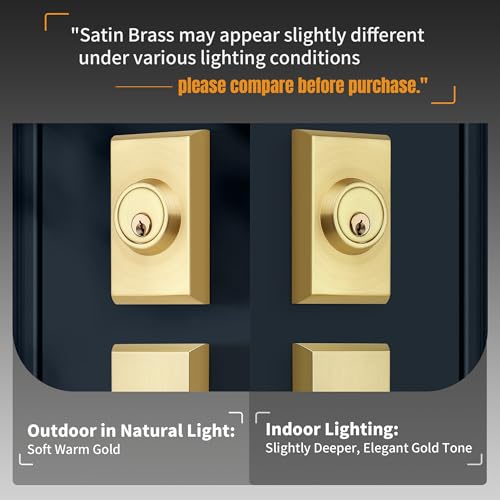 Gaurqiah Double Front Door Lock Set, Square Heavy Duty Double Door Handle with Dummy, Entry Handleset with Deadbolt Combo, Double Door Lock Set for Front or Office Doors, Satin Brass - Image 3