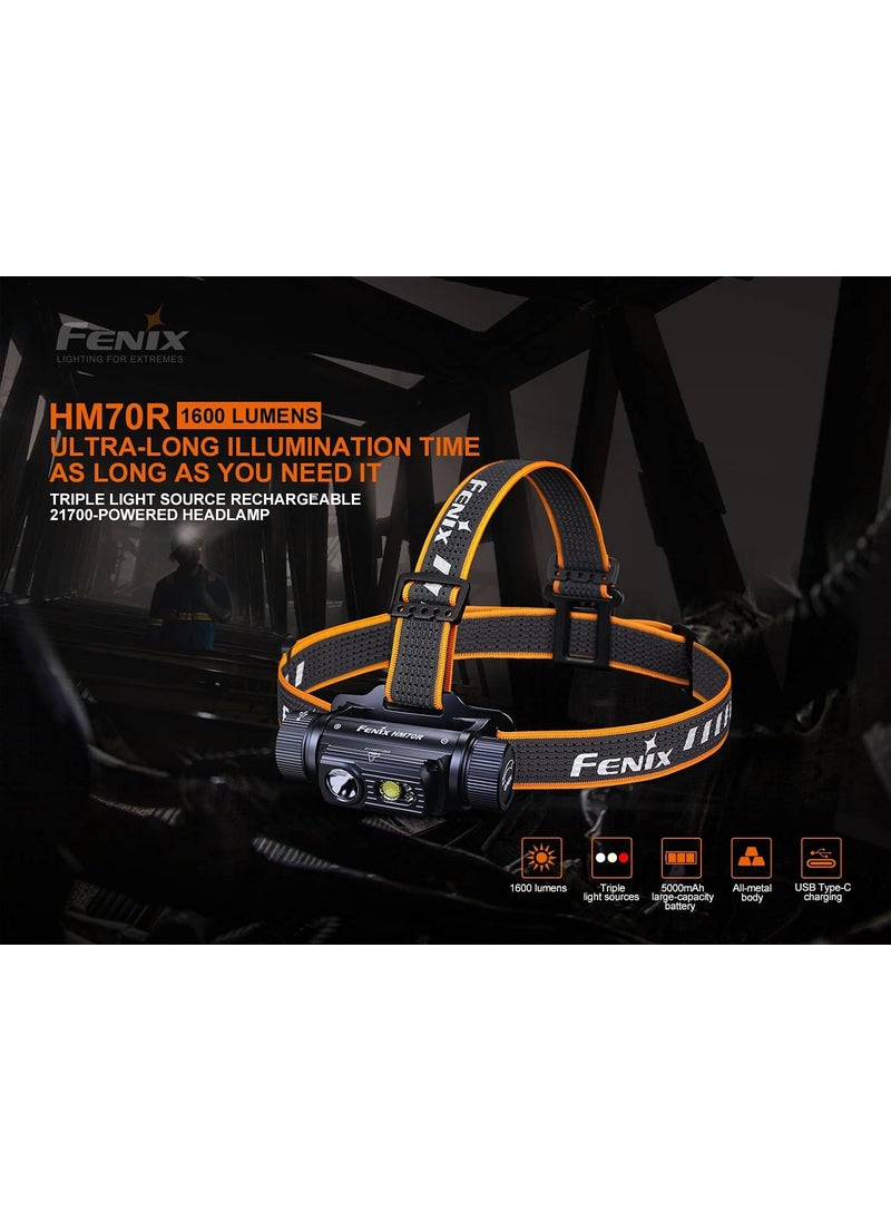 Fenix HM70R 1600 Lumen Rechargeable Whitered LED Headlamp with EdisonBright Battery Carrying case Bundle