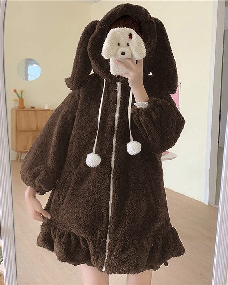 BZB Kawaii Anime Bunny Ear Hoodies For Women Sweet Lovely Fuzzy Fluffy Rabbit Sweater Tops Cosplay Jacket Coats Brown - Image 3