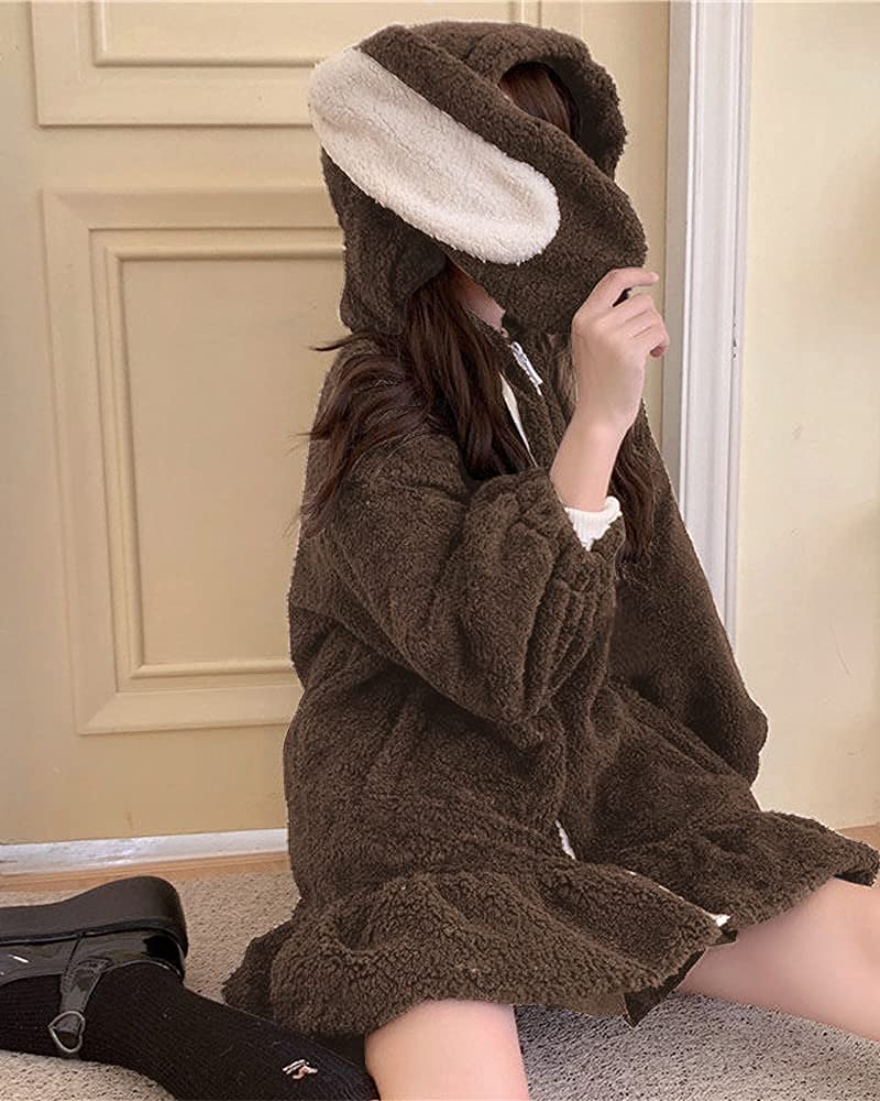 BZB Kawaii Anime Bunny Ear Hoodies For Women Sweet Lovely Fuzzy Fluffy Rabbit Sweater Tops Cosplay Jacket Coats Brown - Image 5