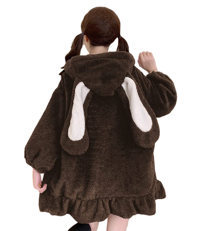 BZB Kawaii Anime Bunny Ear Hoodies For Women Sweet Lovely Fuzzy Fluffy Rabbit Sweater Tops Cosplay Jacket Coats Brown - Image 1
