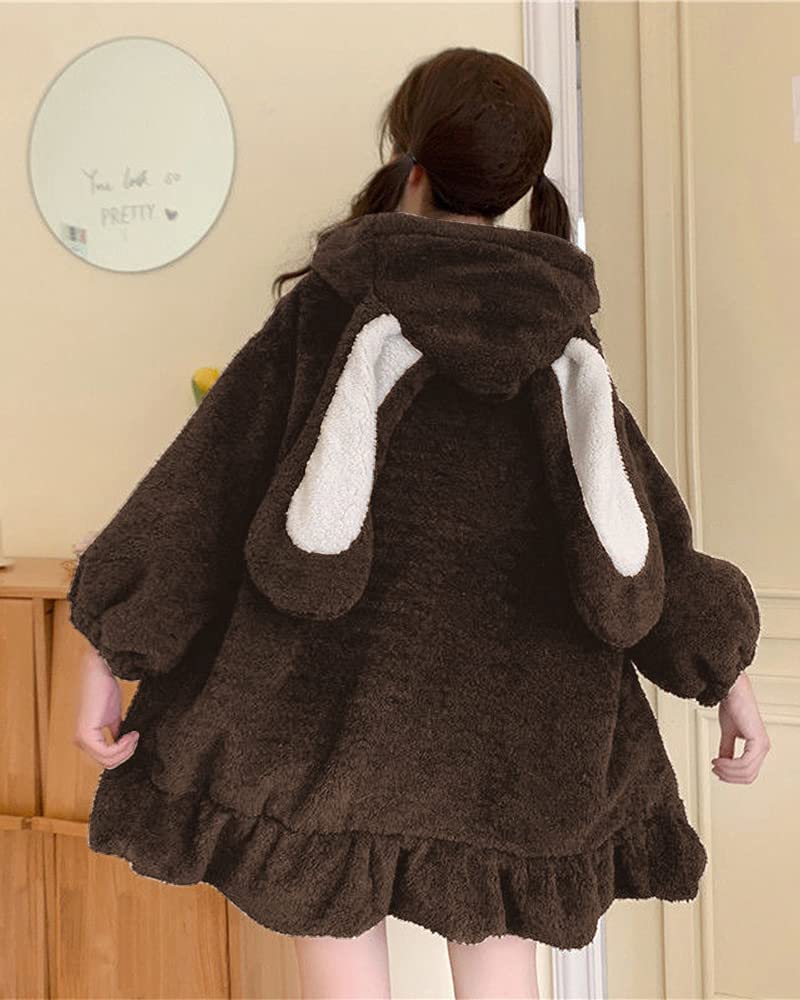 BZB Kawaii Anime Bunny Ear Hoodies For Women Sweet Lovely Fuzzy Fluffy Rabbit Sweater Tops Cosplay Jacket Coats Brown - Image 4