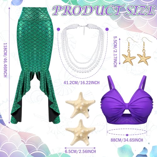 Jiuguva 6 Pcs Halloween Mermaid Costume for Women Sequin Mermaid Tube Top Skirt Starfish Hairpin Earrings Necklace(Large) - Image 3