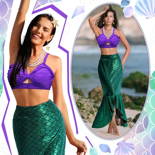 Jiuguva 6 Pcs Halloween Mermaid Costume for Women Sequin Mermaid Tube Top Skirt Starfish Hairpin Earrings Necklace(Large) - Image 5