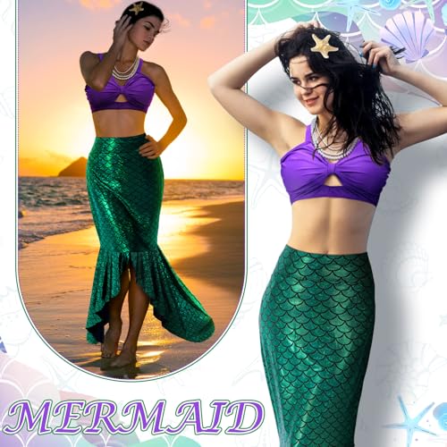 Jiuguva 6 Pcs Halloween Mermaid Costume for Women Sequin Mermaid Tube Top Skirt Starfish Hairpin Earrings Necklace(Large) - Image 2