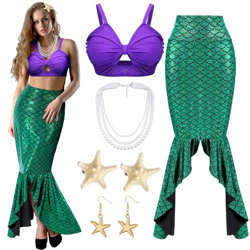 Jiuguva 6 Pcs Halloween Mermaid Costume for Women Sequin Mermaid Tube Top Skirt Starfish Hairpin Earrings Necklace(Large) - Image 1