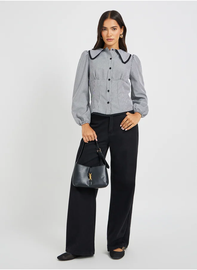 ستايلي Gingham Print Balloon Sleeve Relaxed Fit Shirt