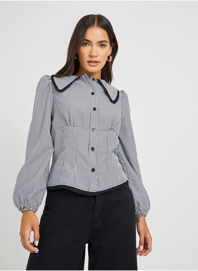 ستايلي Gingham Print Balloon Sleeve Relaxed Fit Shirt