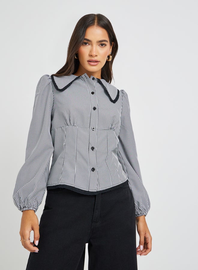 Styli Gingham Print Balloon Sleeve Relaxed Fit Shirt  - Image 1