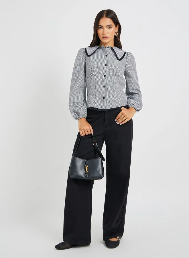 ستايلي قميص بنقشة المربعات بأكمام بالون وقصة مريحة