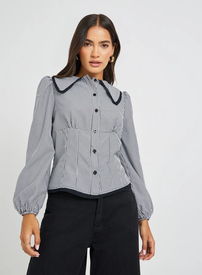 ستايلي قميص بنقشة المربعات بأكمام بالون وقصة مريحة