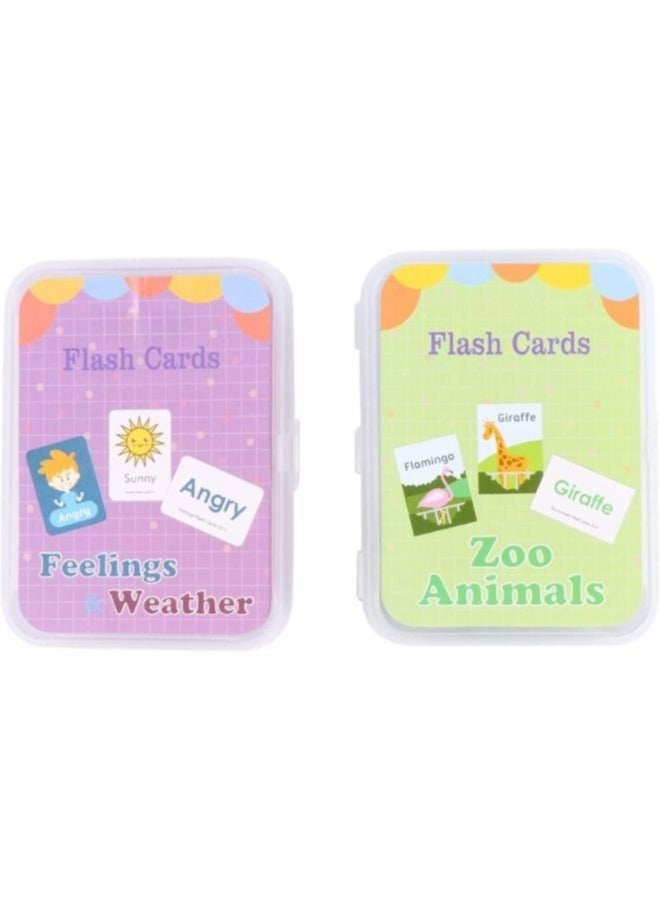 2 Sets Educational Flash Cards Pocket Card Preschool Learning Cards for kids, Feelings, weather and Zoo Animals - Image 1