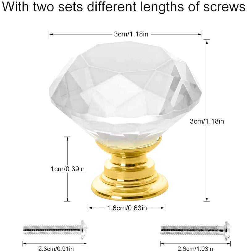 Akstore 6 Pcs Crystal Glass Cabinet Knobs 30mm Diamond Shape Drawer Kitchen Cabinets Dresser Cupboard Wardrobe Pulls Handles (Clear-Golden, 30mm) - Image 5