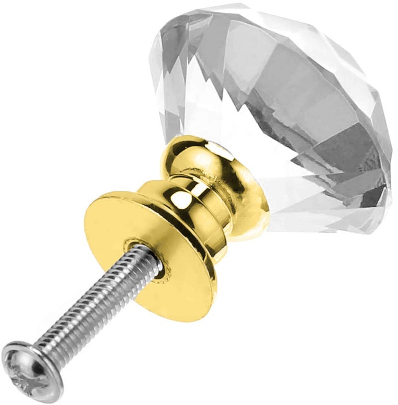 Akstore 6 Pcs Crystal Glass Cabinet Knobs 30mm Diamond Shape Drawer Kitchen Cabinets Dresser Cupboard Wardrobe Pulls Handles (Clear-Golden, 30mm) - Image 3