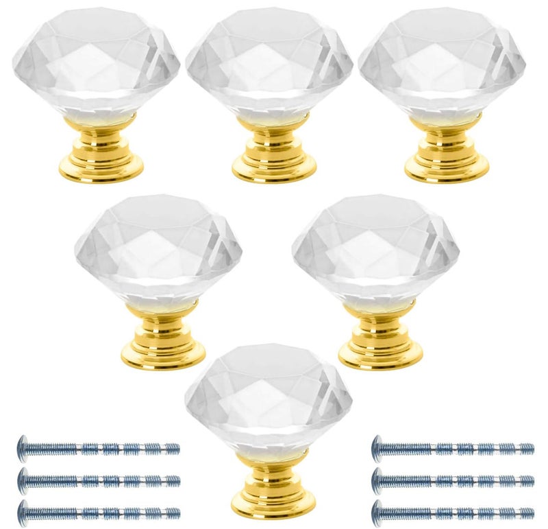 Akstore 6 Pcs Crystal Glass Cabinet Knobs 30mm Diamond Shape Drawer Kitchen Cabinets Dresser Cupboard Wardrobe Pulls Handles (Clear-Golden, 30mm) - Image 1