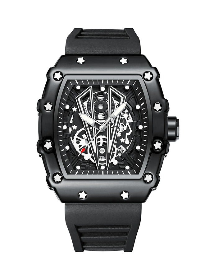 POEDAGAR POEDAGAR Men's Trendy Mechanical Watch - Black Case with Skeleton Black Dial, Soft & Durable Silicone Strap, 30m Water Resistance, Contemporary Sporty Design for Casual & Fitness Wear  - Image 1
