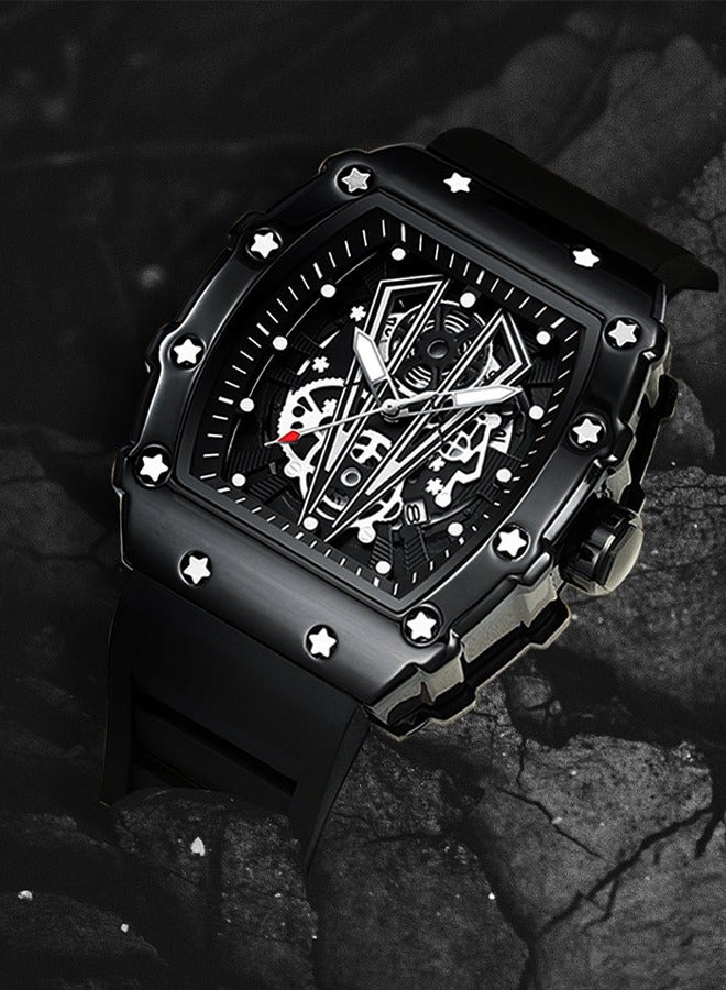 POEDAGAR POEDAGAR Men's Trendy Mechanical Watch - Black Case with Skeleton Black Dial, Soft & Durable Silicone Strap, 30m Water Resistance, Contemporary Sporty Design for Casual & Fitness Wear  - Image 3