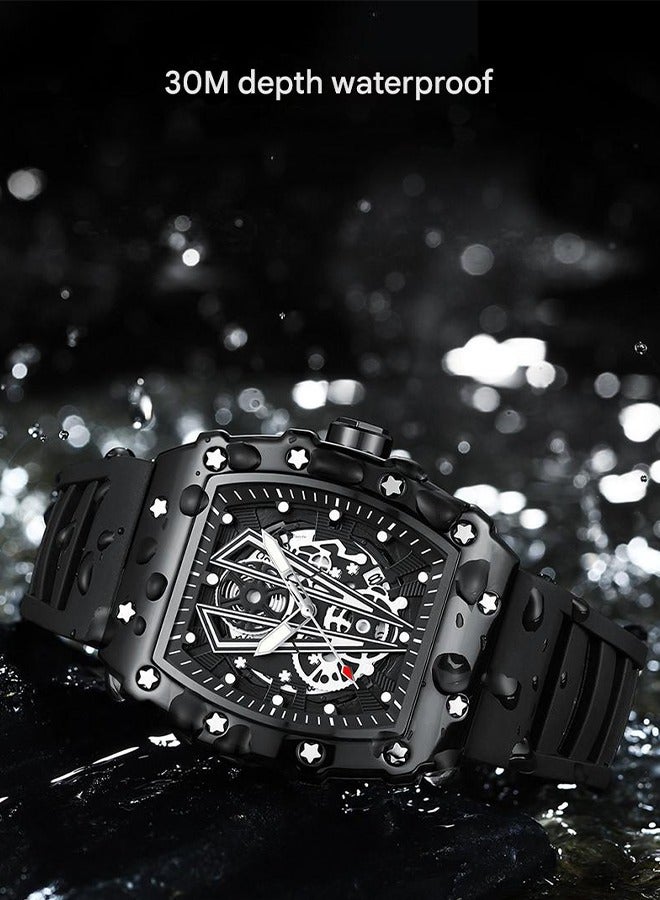 POEDAGAR POEDAGAR Men's Trendy Mechanical Watch - Black Case with Skeleton Black Dial, Soft & Durable Silicone Strap, 30m Water Resistance, Contemporary Sporty Design for Casual & Fitness Wear  - Image 4