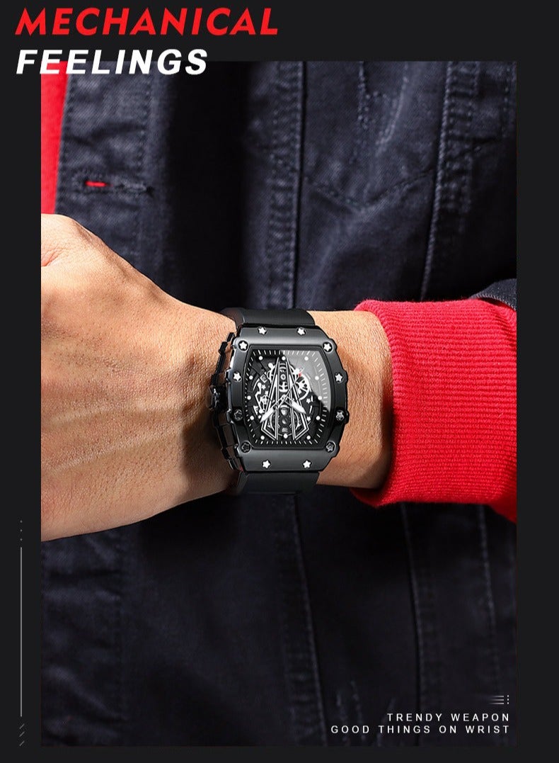 POEDAGAR POEDAGAR Men's Trendy Mechanical Watch - Black Case with Skeleton Black Dial, Soft & Durable Silicone Strap, 30m Water Resistance, Contemporary Sporty Design for Casual & Fitness Wear  - Image 5