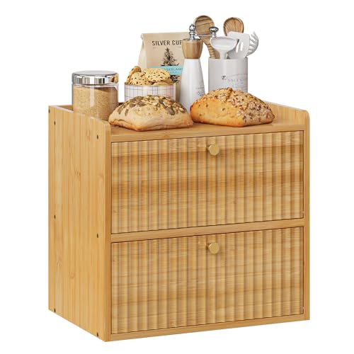 Trironsun Rustic Bread Box for Kitchen Countertop Bamboo Bread Storage Container Bin Double Layer BreadBox Farmhouse Large Capacity Food Organizer (Natural Bamboo) - Image 1
