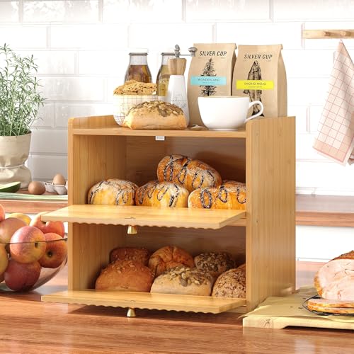 Trironsun Rustic Bread Box for Kitchen Countertop Bamboo Bread Storage Container Bin Double Layer BreadBox Farmhouse Large Capacity Food Organizer (Natural Bamboo) - Image 4