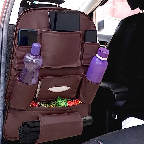 HOOPY Pu Leather Auto Car Back Seat Organizer With Foldable Dining Table Tray, Multipocket Storage Tablet, Bottle And Tissue Paper Holder Brown - Automobiles - Image 1