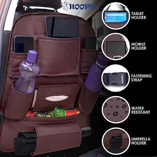 HOOPY Pu Leather Auto Car Back Seat Organizer With Foldable Dining Table Tray, Multipocket Storage Tablet, Bottle And Tissue Paper Holder Brown - Automobiles - Image 4