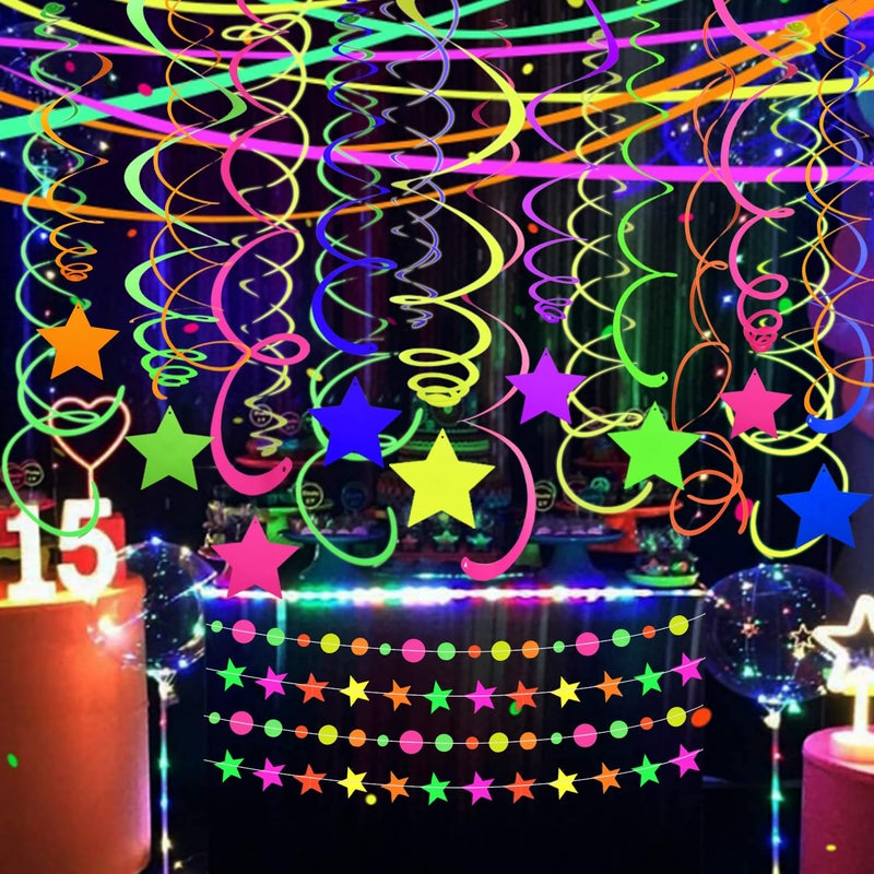 WELITTCON 56 Pieces UV Hanging Swirls Decorations Paper Neon Streamer for Ceiling Star Neon Garlands Black Light Neon Decorations for Dark Glow Party Supplies and Decorations Birthday Neon Party Favors - Image 3