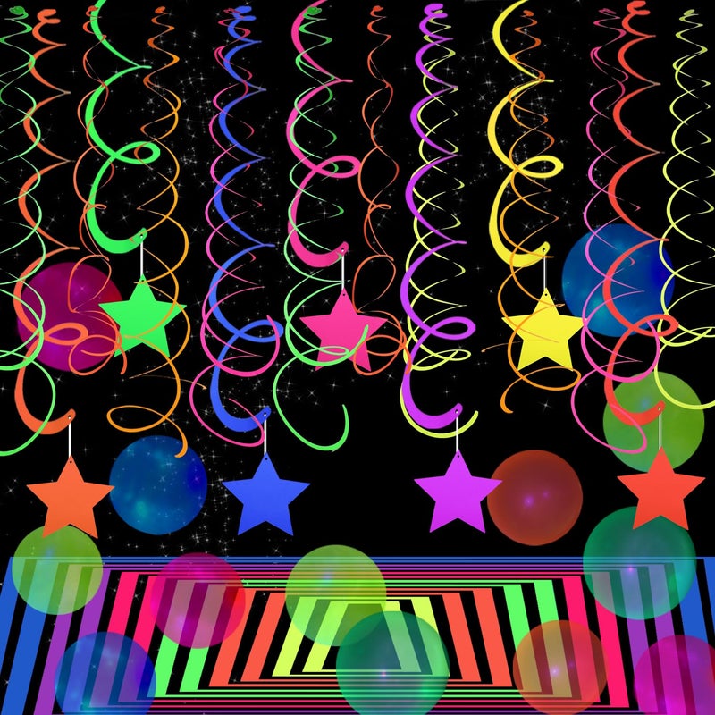 WELITTCON 56 Pieces UV Hanging Swirls Decorations Paper Neon Streamer for Ceiling Star Neon Garlands Black Light Neon Decorations for Dark Glow Party Supplies and Decorations Birthday Neon Party Favors - Image 2