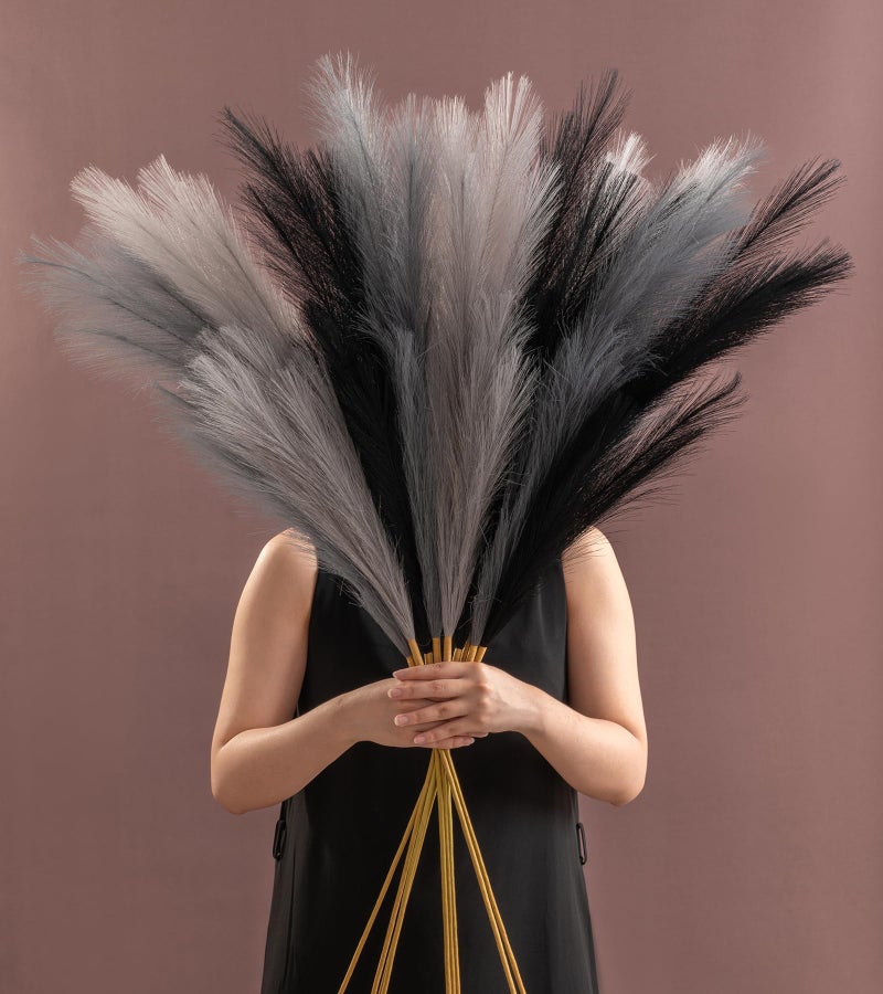 SeptCat 9 Pcs 45" Faux Dried Pampas Grass Tall Decor, Fluffy Fake Long Pompas Artificial Black Grey Gray Pompous Stems Bouquet Flower Arrangement Vase Filler for Boho Home Wedding Decoration - Image 1
