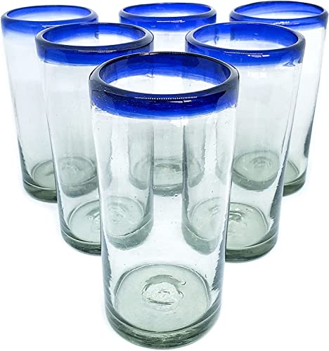MexHandcraft Cobalt Blue Rim 20 oz Tall Iced Tea Glasses set of 6 Recycled Glass Leadfree ToxinFree Iced Tea