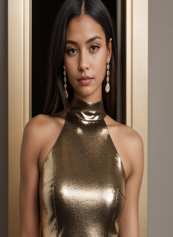 بريلوف مجوهرات بريلوف الطويلة المتدلية للنساء، أقراط كريستالية أنيقة على شكل دمعة كبيرة، مثالية للحفلات والمناسبات الرسمية، لون الشمبانيا - Image 2