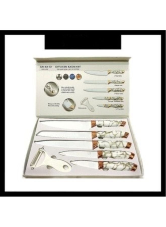 سكين مطبخ 6 في 1 من الفولاذ المقاوم للصدأ بمقبض من الرخام الأبيض الجميل - Image 1