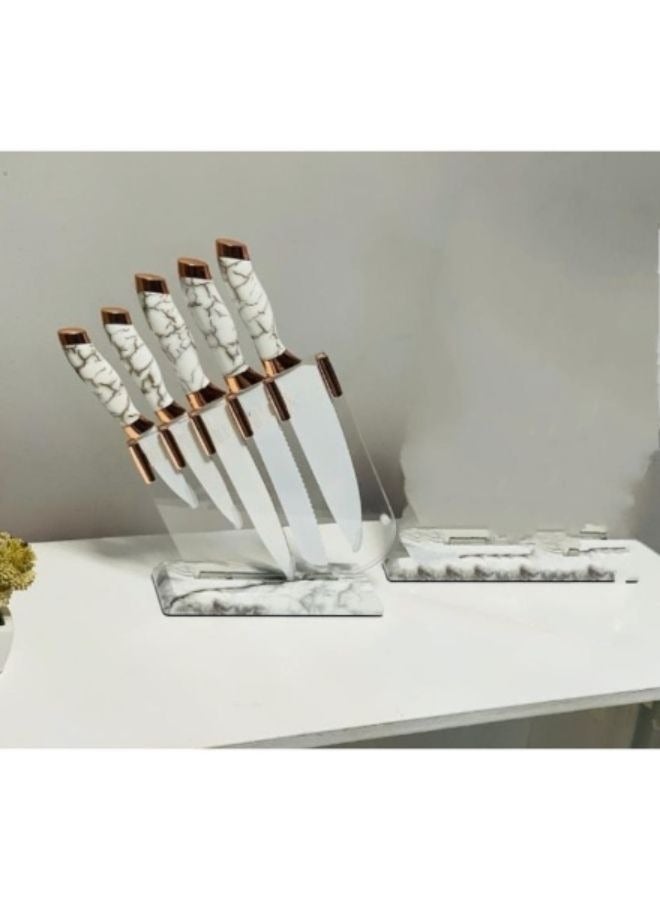 سكين مطبخ 6 في 1 من الفولاذ المقاوم للصدأ بمقبض من الرخام الأبيض الجميل - Image 3