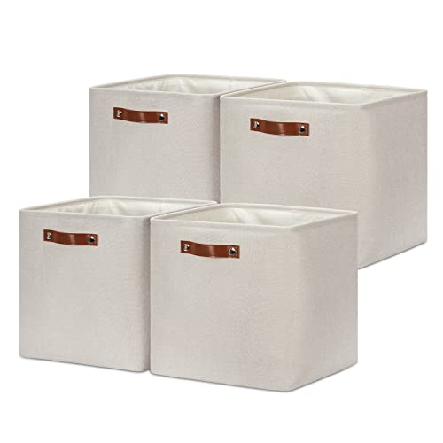 DULLEMELO Storage Bins, 4 Pack Of 13x13x13 Decorative Storage Cube Bins Suit Office, Home, Shelves And Closet, Cube Storage Bin with Leather handle(4 Pack - 13" Beige) - Image 1