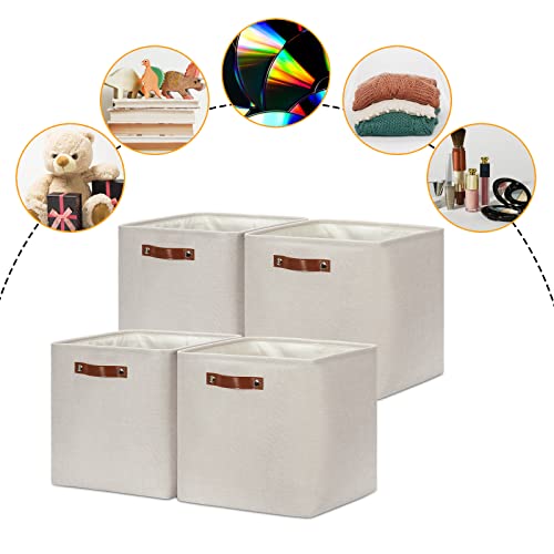 DULLEMELO Storage Bins, 4 Pack Of 13x13x13 Decorative Storage Cube Bins Suit Office, Home, Shelves And Closet, Cube Storage Bin with Leather handle(4 Pack - 13" Beige) - Image 2