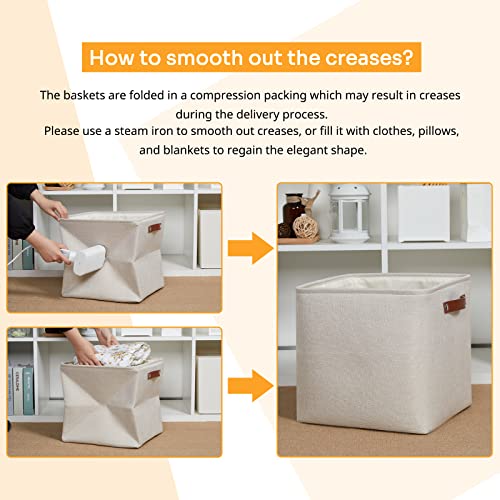 DULLEMELO Storage Bins, 4 Pack Of 13x13x13 Decorative Storage Cube Bins Suit Office, Home, Shelves And Closet, Cube Storage Bin with Leather handle(4 Pack - 13" Beige) - Image 5