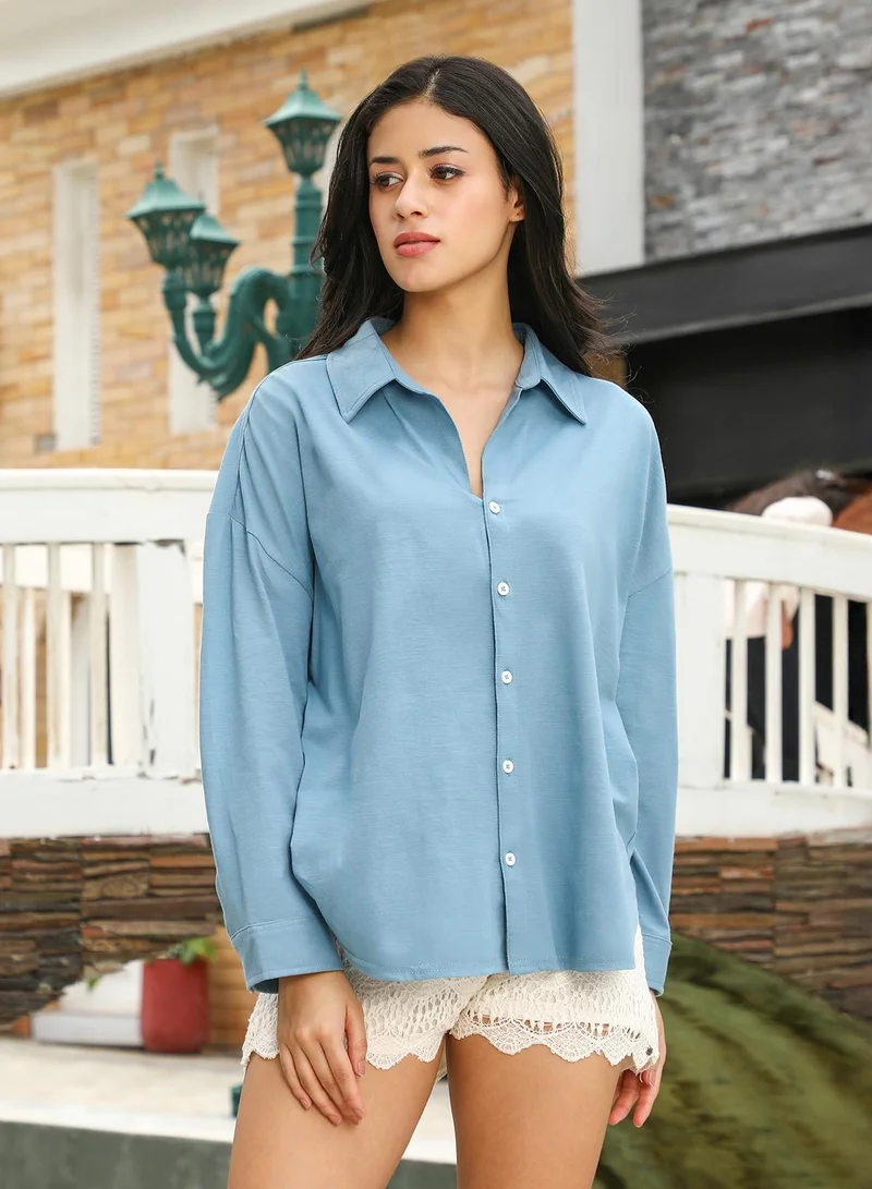 PINACOLADA Women's Solid-Knit Oversized Shirt | Spread Collar , Long Cuffed Sleeves , Button Closure | Solid Slub-Jersey Material | Cotton-Blend Shirt For Casual & Daily Wear | Sky Blue