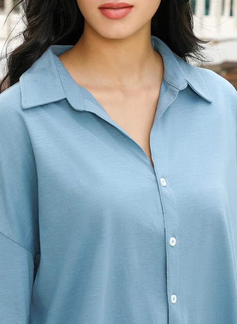 PINACOLADA Women's Solid-Knit Oversized Shirt | Spread Collar , Long Cuffed Sleeves , Button Closure | Solid Slub-Jersey Material | Cotton-Blend Shirt For Casual & Daily Wear | Sky Blue