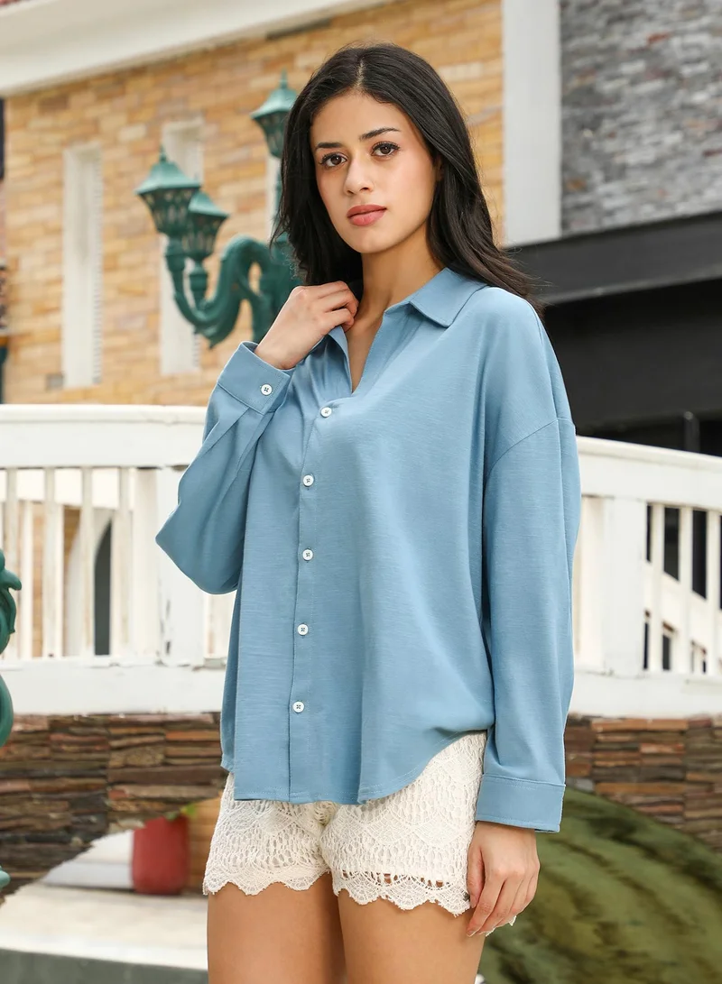 PINACOLADA Women's Solid-Knit Oversized Shirt | Spread Collar , Long Cuffed Sleeves , Button Closure | Solid Slub-Jersey Material | Cotton-Blend Shirt For Casual & Daily Wear | Sky Blue