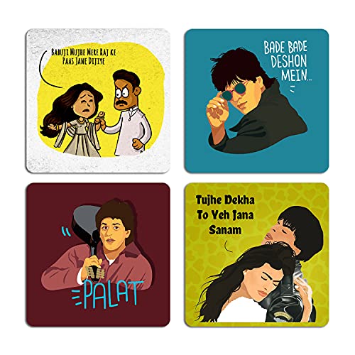 ASHVAH DDLJ Funny Bollywood Dialogues Raj Simran Illustration Printed Tea Coaster Set of 4 COMBO-31 - Image 1