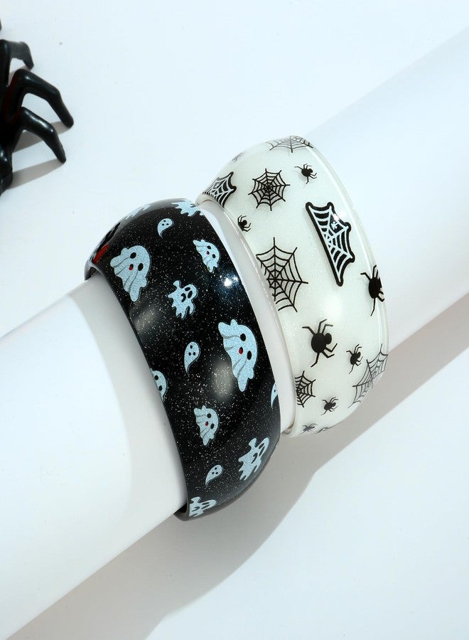 WOWORAMA 2pcs Acrylic Halloween Bracelet Set for Women Glitter Spooky Ghost Spider Web Bracelet Chunky Resin Acrylic Cuff Bangles Black Gothic Halloween Jewelry - Image 3