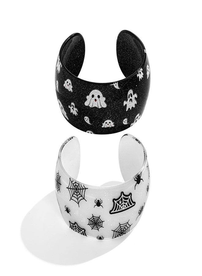WOWORAMA 2pcs Acrylic Halloween Bracelet Set for Women Glitter Spooky Ghost Spider Web Bracelet Chunky Resin Acrylic Cuff Bangles Black Gothic Halloween Jewelry - Image 1