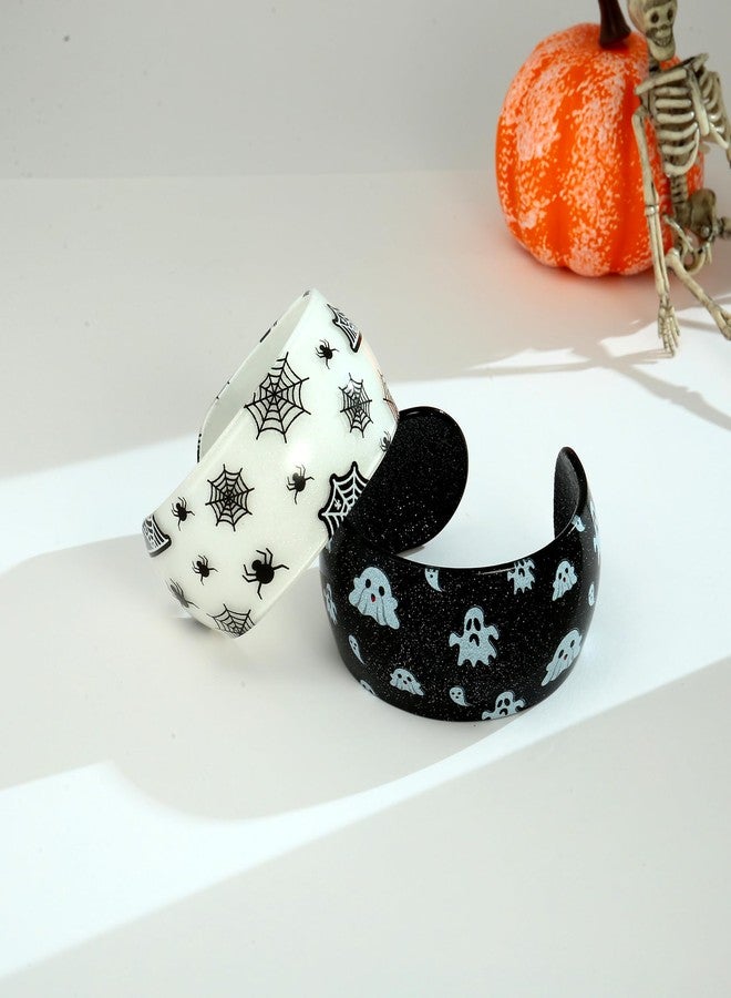 WOWORAMA 2pcs Acrylic Halloween Bracelet Set for Women Glitter Spooky Ghost Spider Web Bracelet Chunky Resin Acrylic Cuff Bangles Black Gothic Halloween Jewelry - Image 2