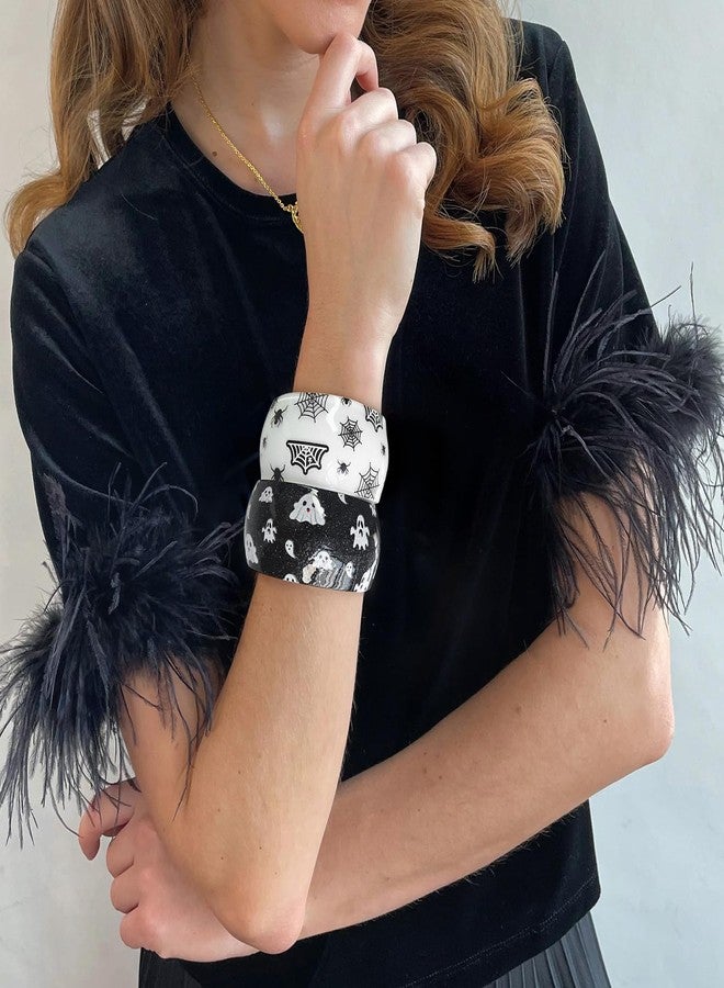 WOWORAMA 2pcs Acrylic Halloween Bracelet Set for Women Glitter Spooky Ghost Spider Web Bracelet Chunky Resin Acrylic Cuff Bangles Black Gothic Halloween Jewelry - Image 5