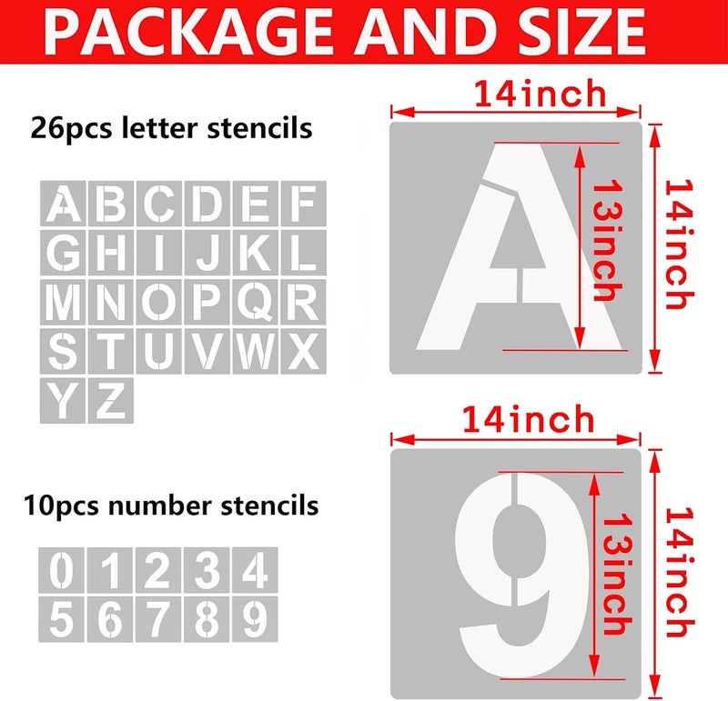 YEAJON 14 Inch Letter Stencils and Numbers, 36 Pcs Alphabet Art Craft Stencils, Reusable Plastic Templates for Wood, Wall, Fabric, Rock, Signage, DIY Art Projects - Image 2